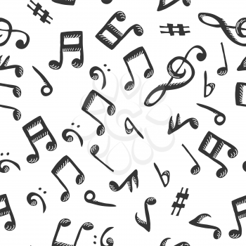 Black notes seamless pattern on white background. Music theme vector background