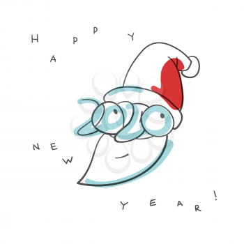 Hand Drawn illustration of 2020 Happy New Year. Stylized as Santa Claus image, cute minimalistic doodle.