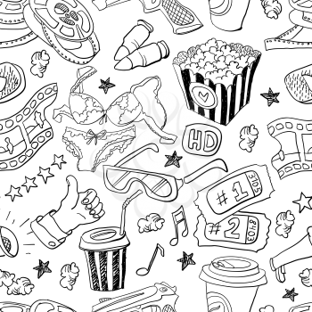 Seamless pattern with hand drawn cinema theme doodles, online cinema etc.