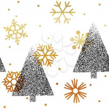 Merry Christmas Seamless Pattern. With Christmas tree and gold snowflakes.