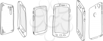 Smartphone mockup. Cellphone frame with display, phone different angles views. Vector mobile device concept doodle set. 