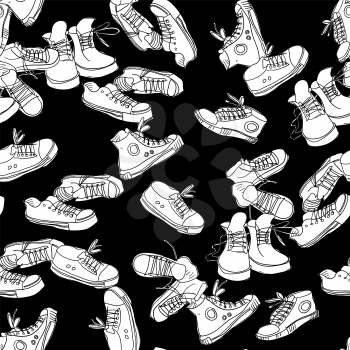 Sneakers seamless pattern on black background. Doodle vector background