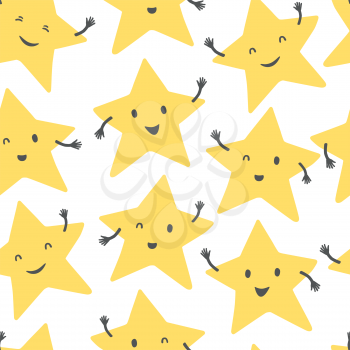 Yellow smiling stars. Cartoon style vector seamless background.
