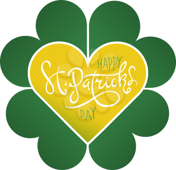 Happy Saint Patrick's Day on four-leaf clover flower. Abstract St. Patrick day logo vector design template. Clover leaf shape with heart, combined to four-leaf lucky symbol. 