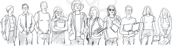 Young students of different nations. Happy students with backpacks and books. Happy multicultural teenagers in youth lifestyle clothes.  Black and white hand drawn sketch illustration on white background, isolated.