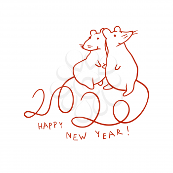 Two cute rats. Hand drawn illustration of Happy New Year. 2020 typography, composed by tails of rats.