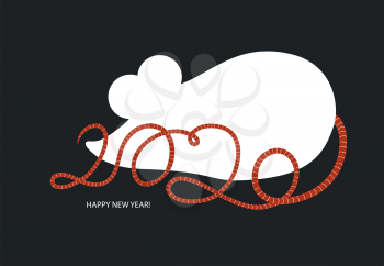 2020 typography, composed by tail of rat. White rat silhouette. Vector illustration of Happy New Year. 