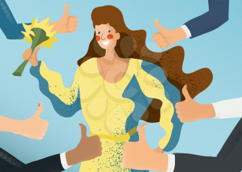 Smiling woman surrounded by thumbs up gesturing hands. Social approval, positive feedback and acceptance success concept. Flat style colorful vector character illustration