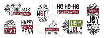 Merry Christmas Poster. Typography designs with christmas elements and symbols as snowflakes, fir trees, gifts and christmas patterns. Text on greetings: Merry Christmas and Happy New Year, joyeux noel, ho - ho - ho, holly jolly.