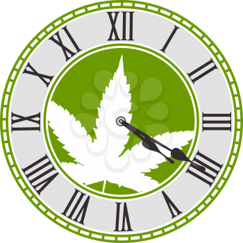 Classical clock dial with marijuana leaf image. Isolated on white, design template element. Vector illustration. 420 Weed Marijuana Vector Clock Background Poster or Tee-shirt Print.