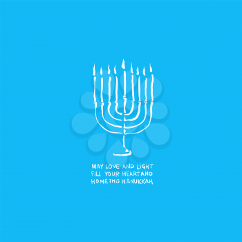 Hanukkah greeting card, hand written. Jewish holiday elegant greeting card template with menorah. Flyer, poster, banner, party invitation design. Vector illustration