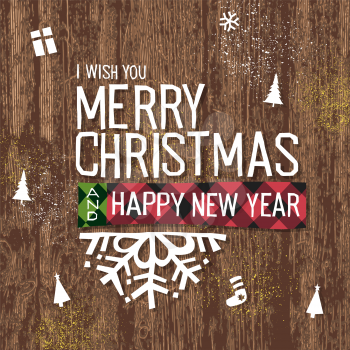 Festive Christmas background with the inscription. Christmas theme elements: tree, gifts, patterns and snowflakes. 