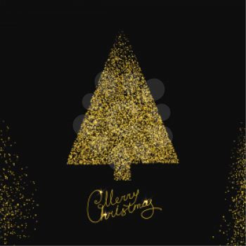 Gold Christmas Tree. Symbol of Happy New Year, Merry Christmas holiday celebration. Golden light decoration. On black background
