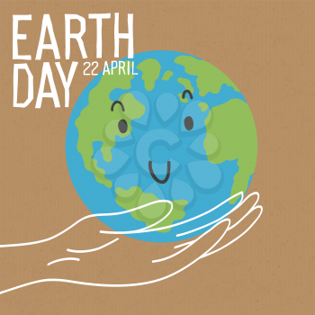 Save the earth concept poster. The hand gently holds the earth. Earth is a funny character. Vector illustration