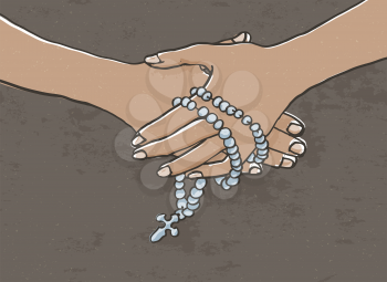 Hands folded with beads. Calm scene, line vector illustration. On brown textured background