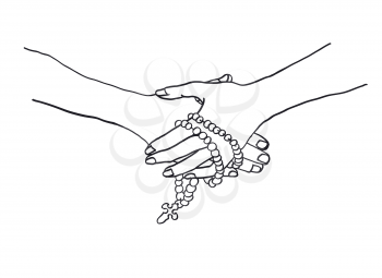 Hands folded with beads. Calm scene, line vector illustration.