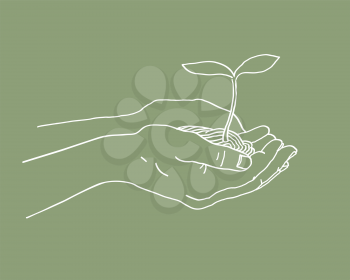 Hands with plant and Earth character with smile. Earth day or Save the earth concept poster. Vector illustration