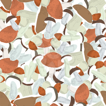 Many Mushrooms natural color seamless pattern. Hand drawn natural food theme vector background