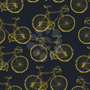 Hand-drawn Yellow Bicycles Seamless Pattern on Black Background