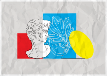 Abstract Still life Art School Poster. Geometric color solid figures and David's head bust and gypsum ancient rosette composition. On paper effect background. Abstract Art School design poster