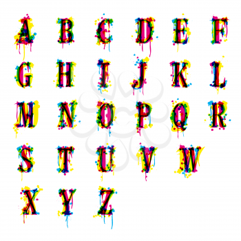 An abstract font imitating a leaked printer. Alphabet CMYK vector. 