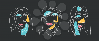 Continuous line abstract woman faces, cubism art style. Color vector illustration on black background