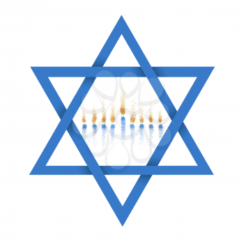 Vector illustration of Blue Magen David (star of David) with menorah symbol inside. Isolated on white background