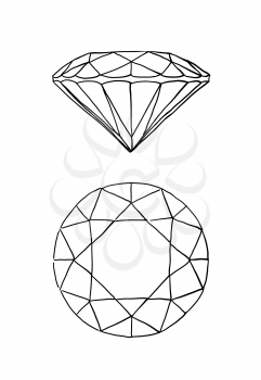 Hand drawn diamond illustration. Top and side views. Isolated on white, vector symbol.