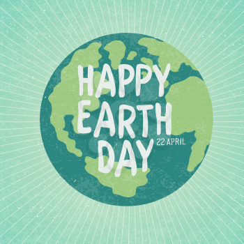 Vintage Earth Day Poster. Planet Earth Illustration. Rays,  and Text. Grunge layers can be removed.
