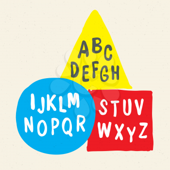 Children's hand drawn font with simple geometric shapes. Playful style font design, kids alphabet. Vector illustration alphabet.