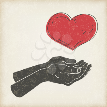 Heart in hands, vector illustration. Heart symbol in two abstract hands. Concept poster on aged paper background.