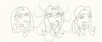 Continuous line abstract woman faces, cubism art style. Vector illustration