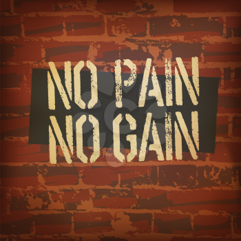 Motivational Inspirational Workout or Fitness Quote Design on brick wall background. No pain no gain typography. 