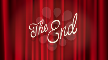 The End scene with a red curtain and spotlights. Concert, show, performance abstract background. Red velvet curtain in theater or cinema. 