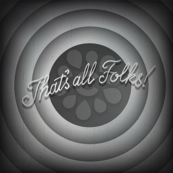 End screen with radial circles and typography That's all folks! Vintage retro scene with lettering like in old time hollywood movies