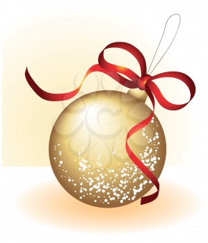 Golden christmas ball with a red ribbon