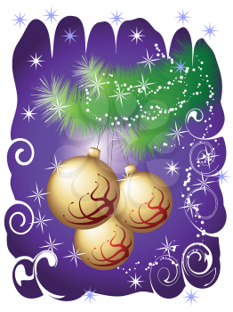 Golden Christmas balls on violet background