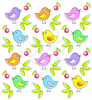 Pattern with cute bright birds and cherry
