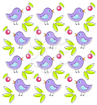 Pattern with cute violet birds and cherry