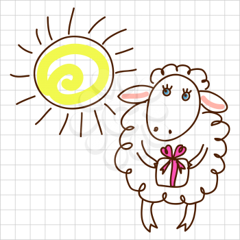 Childe drawing greeting card with cute sheep
