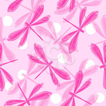 Decorative seamless pattern with cute pink dragonflies