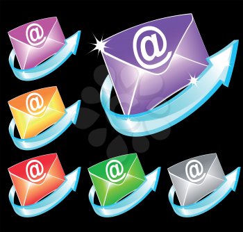 Set of colorful email icons with envelopes and arrows