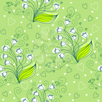 Seamless floral pattern with lily of the valley and cute birds