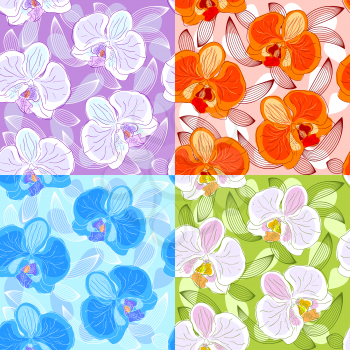 Set of seamless floral pattern with orchids