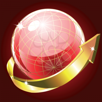 Glass globe with golden arrow on a red background