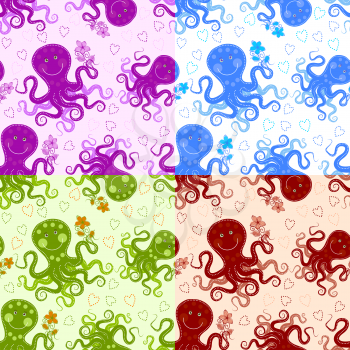 Cute octopus. Set of four seamless patterns