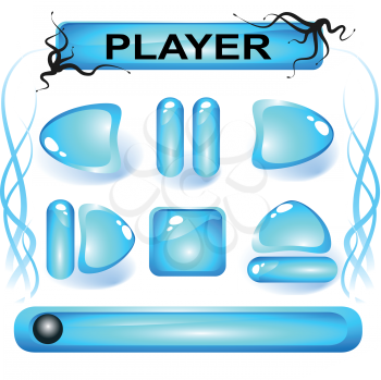 Set of blue glass buttons for media player