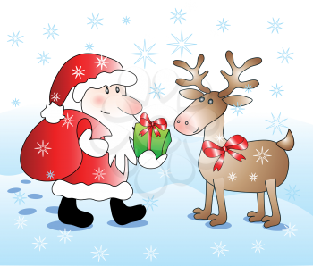 Santa gives a gift to his deer