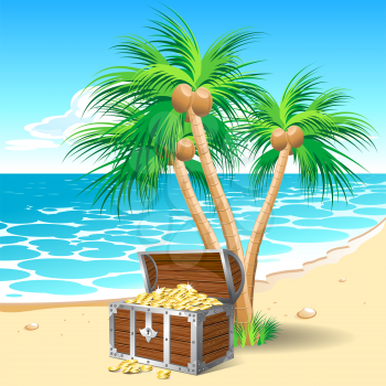 Pirate's treasure chest on a tropical beach with palm trees