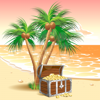 Pirate's treasure chest on a tropical beach with palm trees 
